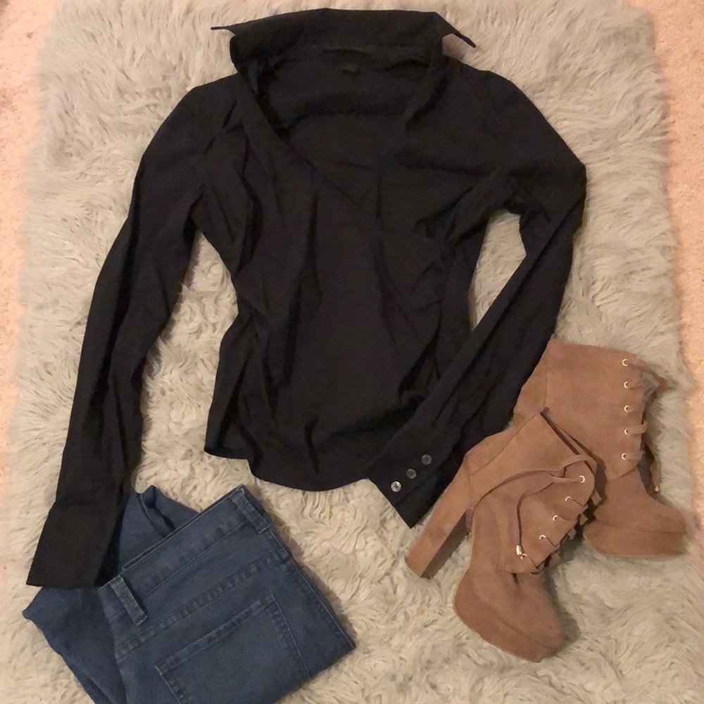 Long sleeve black cross front blouse